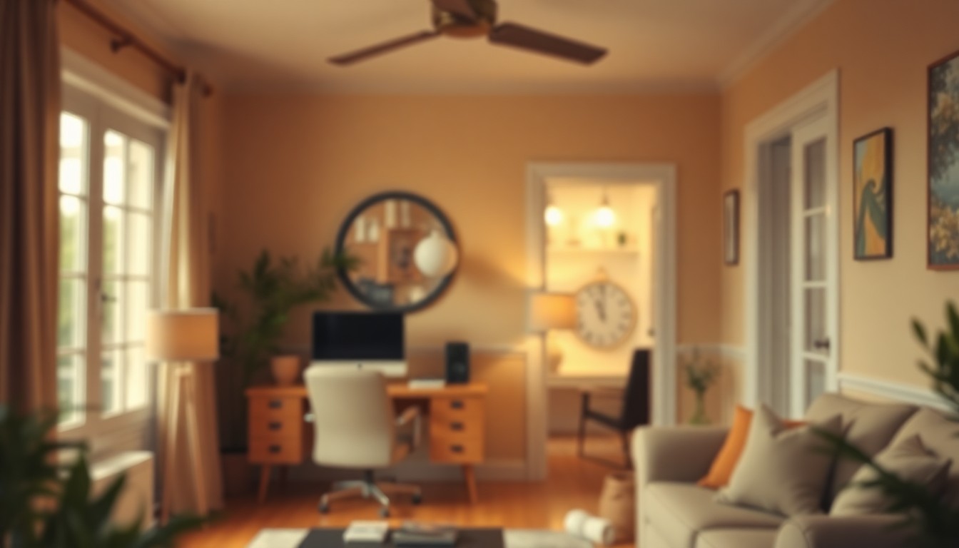 An abstract, impressionistic photograph in soft, warm tones depicting the interior of a cozy home, with a blurred view of a realtor's desk and computer in the background, conveying a sense of comfort, expertise, and personal connection.
