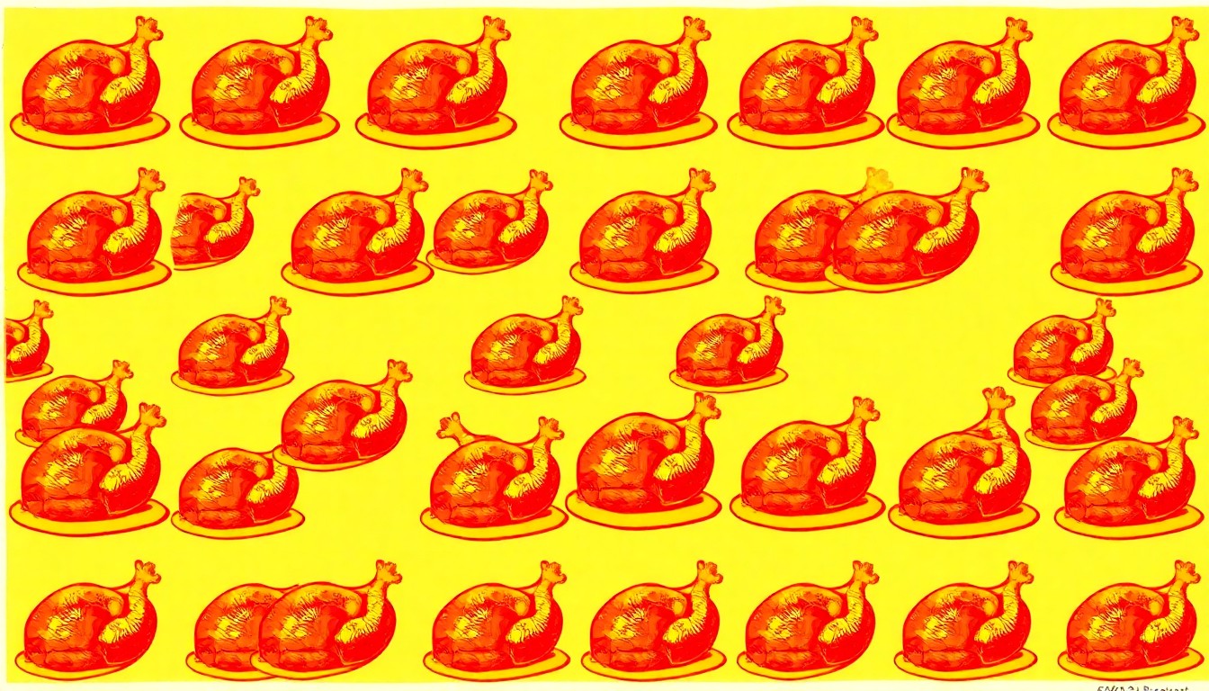 A bold, colorful silkscreen-style illustration featuring a repeating pattern of a whole roasted chicken in vibrant shades of orange, yellow, and red, conceptually representing the energy and community spirit of a local fundraising event.