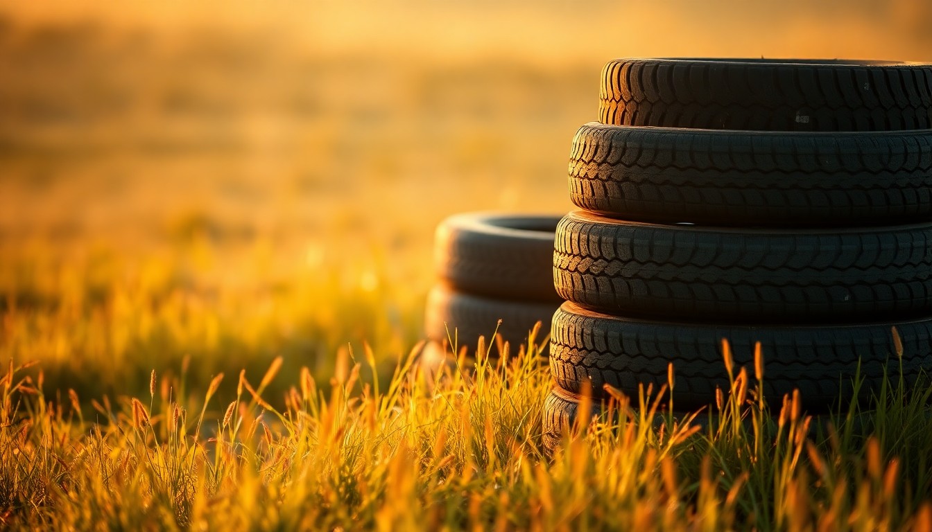 An abstract, out-of-focus photograph of a pile of old tires in a grassy field, with a warm, hazy glow of light surrounding them, creating a serene and atmospheric visual metaphor for responsible tire disposal.