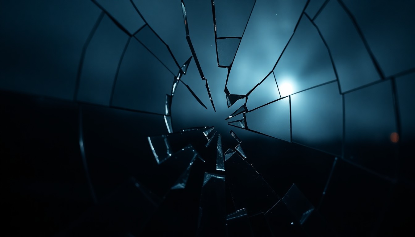 An abstract close-up image of a shattered glass surface reflecting a dim, moody light, conveying a sense of loss and mourning.