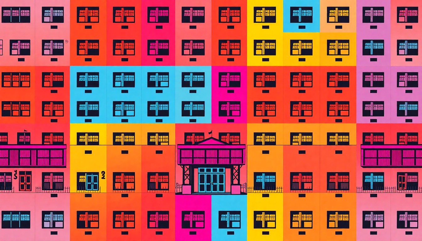 A repeating grid of stylized, high-contrast silkscreen images depicting the facade of a school building, rendered in bright, neon-like colors that capture the energy and importance of the upcoming school funding measures.