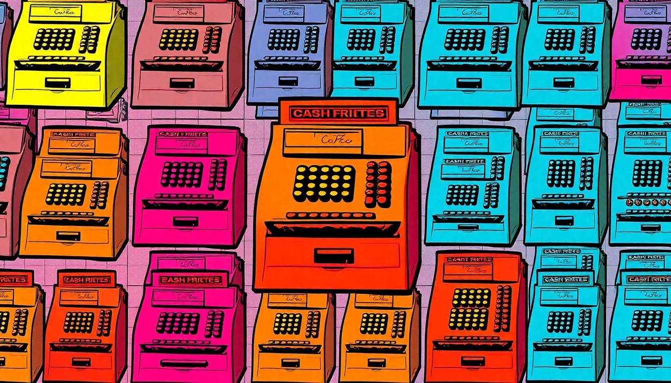A highly stylized, abstract illustration of a vintage cash register icon repeated in a grid pattern, using bold, neon-like colors and heavy black outlines to create a modern pop art aesthetic that conceptually represents the energy and excitement of a community garage sale event.