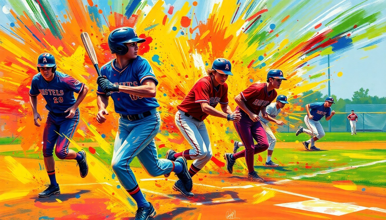 An abstract, energetic painting in neon colors depicting the dynamic motion and energy of a high school baseball game, with players and coaches blending into the vibrant brushstrokes.