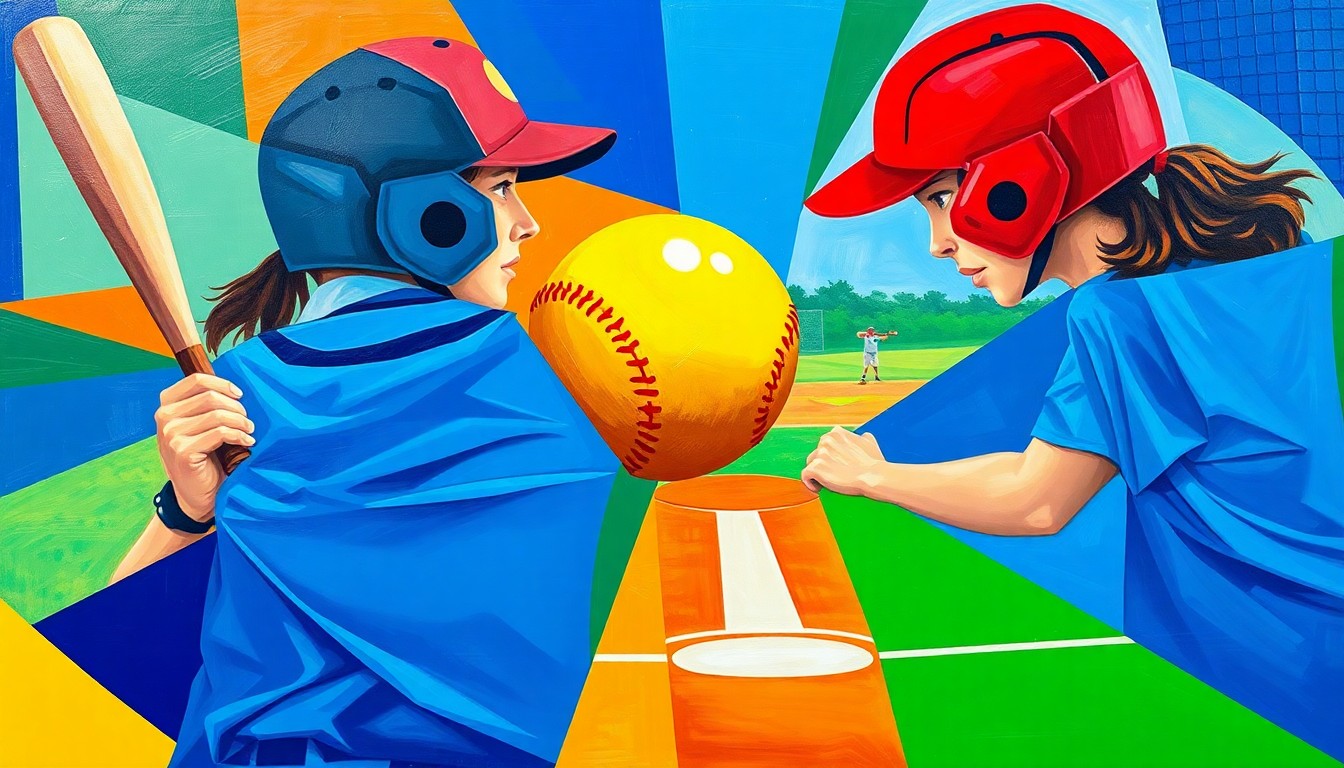 A fractured, geometric painting in bold colors depicting the dynamic motion of a high school softball game, with the players' forms deconstructed into abstract shapes.