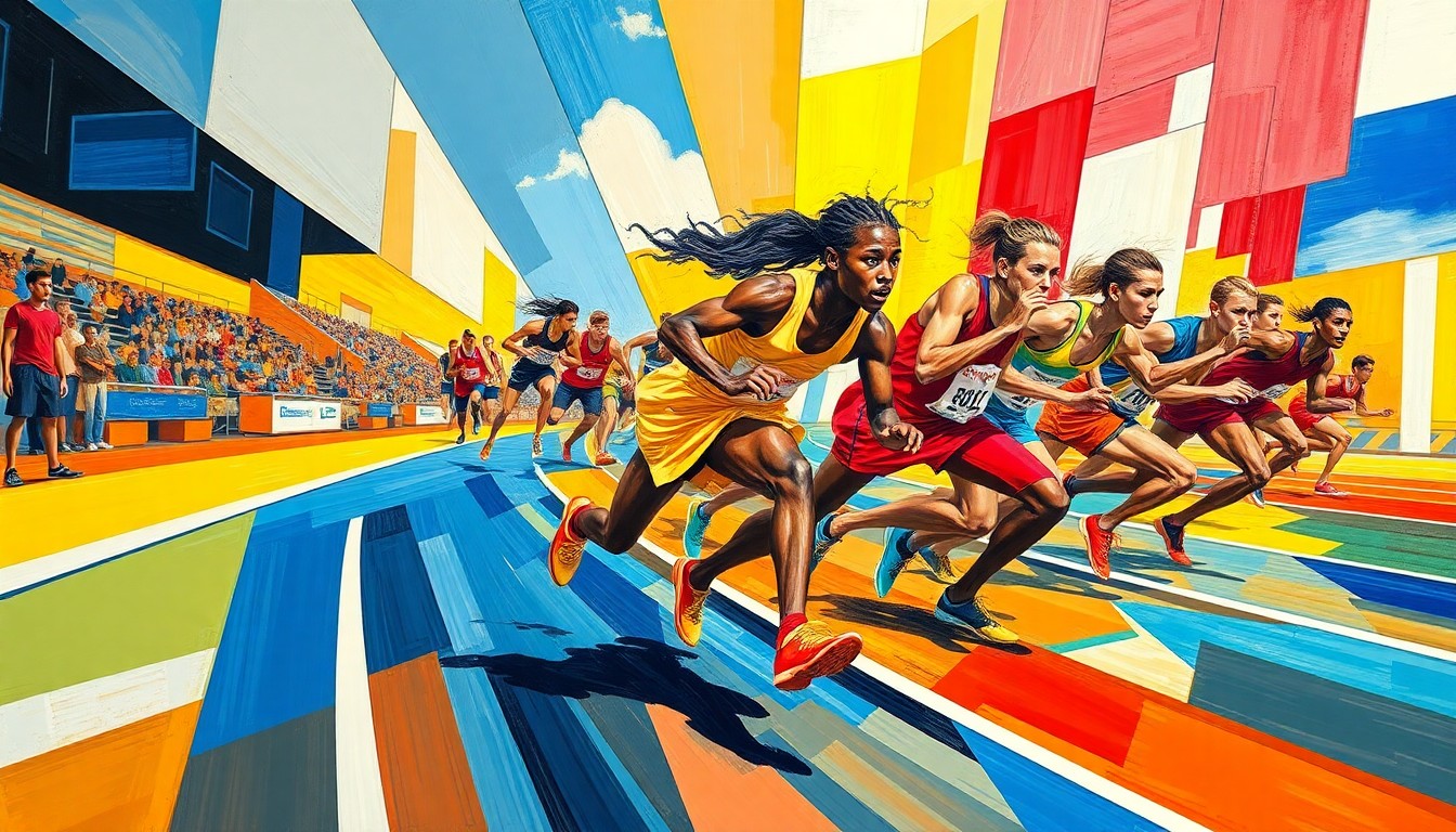 A cubist, geometric painting depicting the motion and energy of a high school track and field relay race, with overlapping planes of bright colors representing the speed and intensity of the competition.