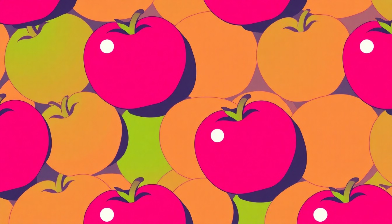 A high-contrast silkscreen print of a single, recognizable produce item like an apple or tomato, repeated in a bold grid pattern using a neon color palette and heavy black outlines, conceptually representing the fresh, local goods available at the Main Street Market.