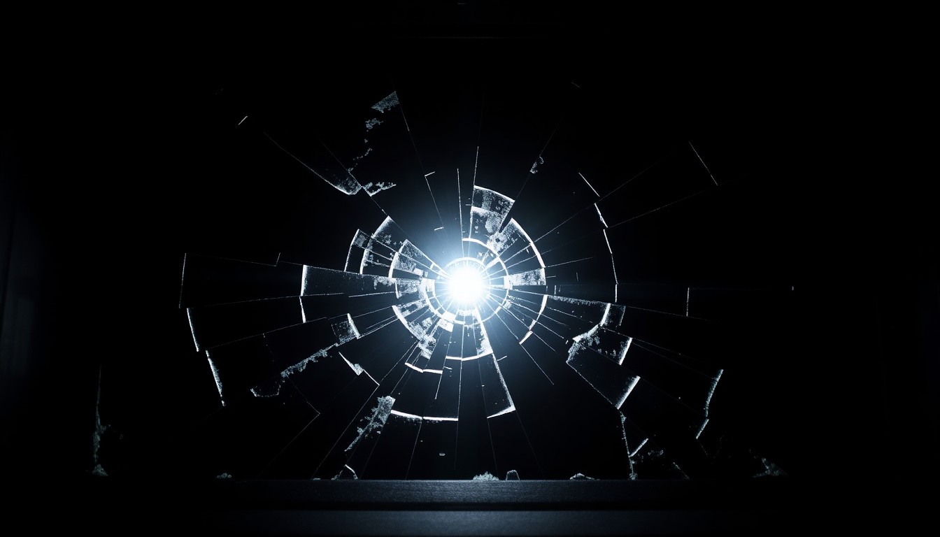 An extreme close-up of a shattered ATM screen, reflecting the harsh glare of a direct camera flash against a pitch-black background, conceptually representing the aftermath of a violent robbery without depicting any actual violence.