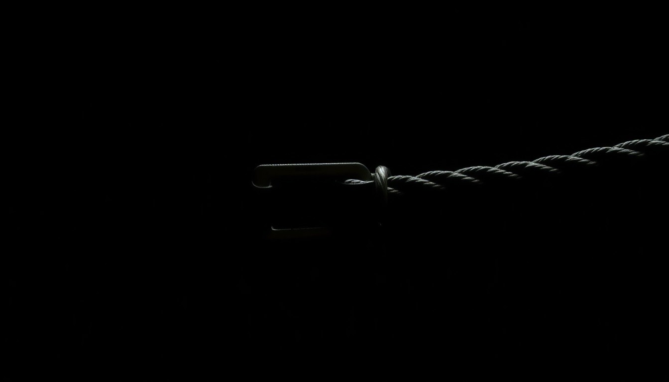 An extreme close-up photograph of a dog collar or leash against a pitch-black background, lit by a harsh, direct camera flash, conceptually representing the investigation into a fatal dog attack.