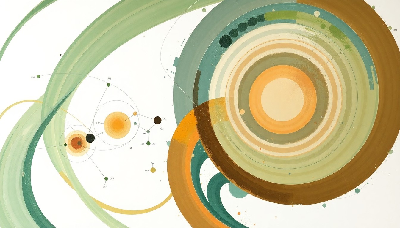 A highly structured abstract painting in muted earth tones, featuring sweeping geometric arcs, concentric circular patterns, and precise botanical or physical spirals, conceptually representing the complex chemical reactions and molecular structures involved in converting polyethylene plastic into hydrocarbon fuels using a molten salt catalyst system.