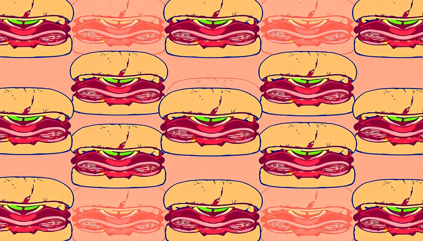 A brightly colored, high-contrast silkscreen print of a single, iconic deli sandwich repeated in a tight grid pattern, capturing the bold, vibrant essence of the legendary sandwiches served at Scott's Generations.