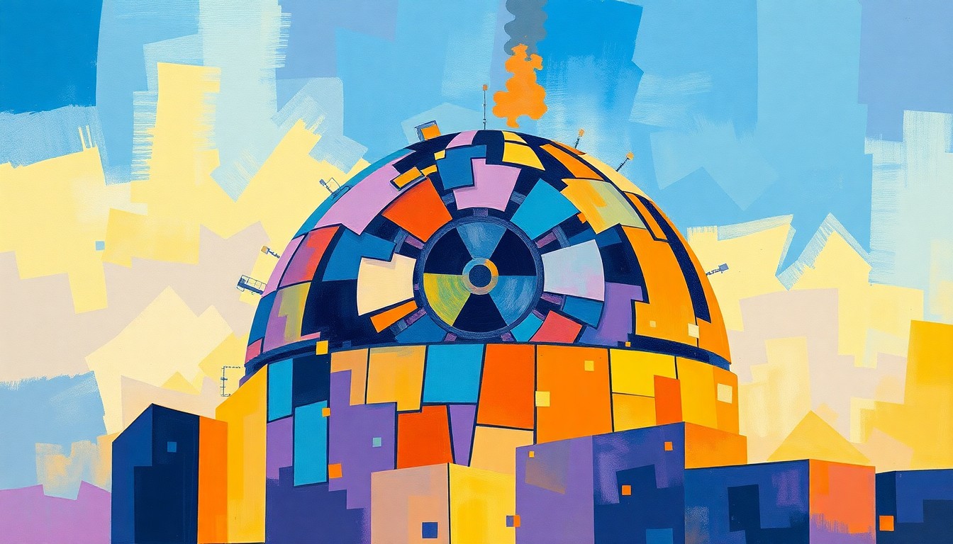 A dynamic, abstract painting featuring overlapping, fractured shapes in shades of blue, purple, and orange, conveying the chaotic and dangerous potential of the EU's nuclear ambitions.