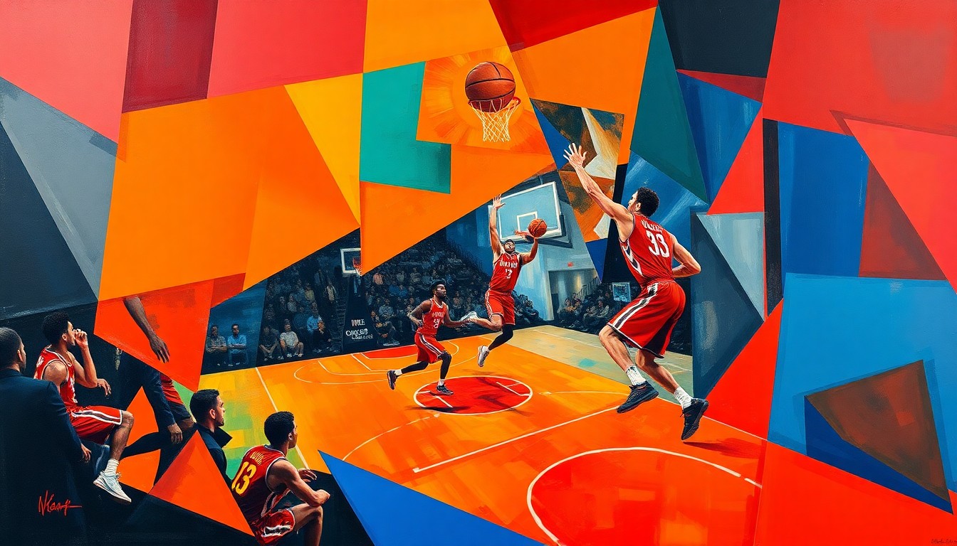 A cubist, geometric painting depicting a basketball game between the Houston Rockets and Phoenix Suns, with the players' forms broken down into abstract shapes and planes of vibrant red, orange, and blue colors.