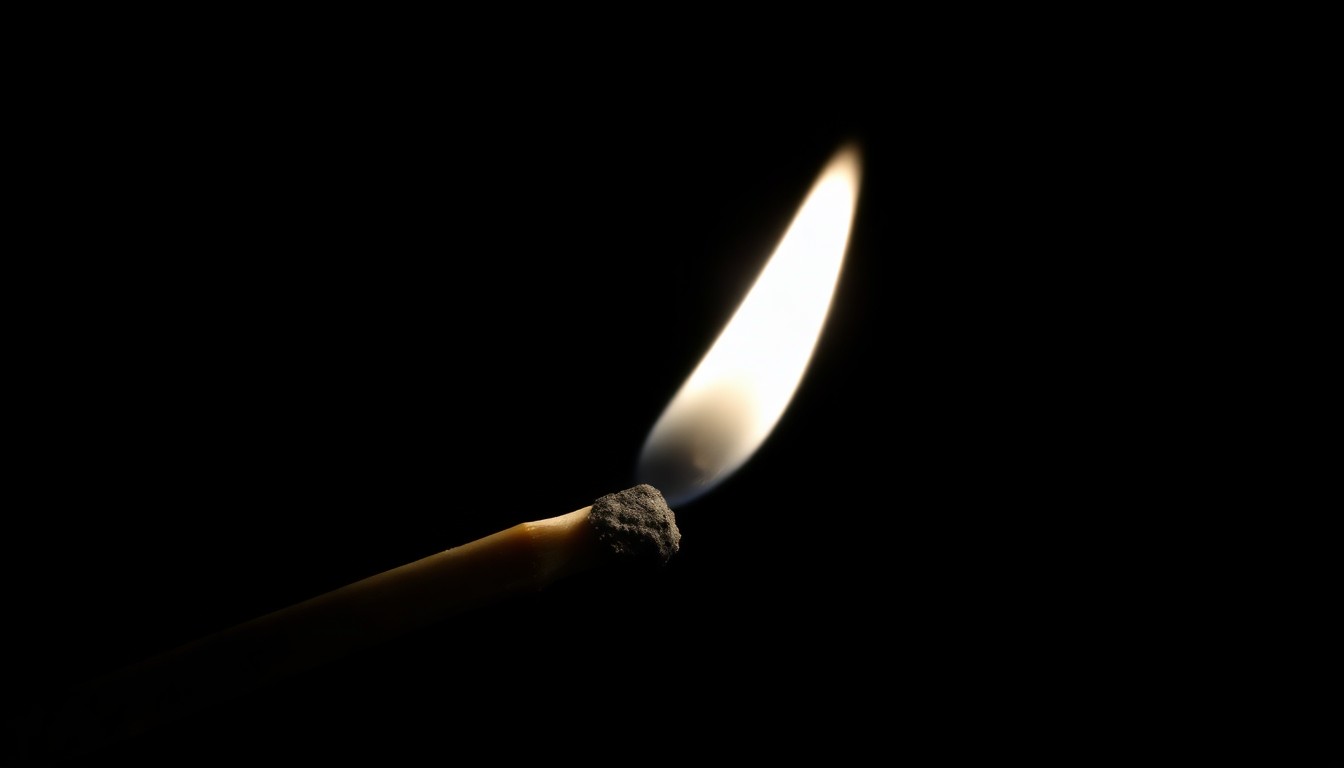 An extreme close-up photograph of a charred matchstick reflecting a faint orange glow, conveying the gritty aftermath of an arson investigation.