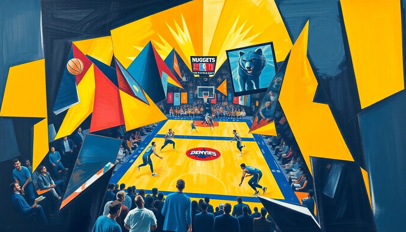 A cubist, geometric painting depicting a basketball game in motion, with overlapping planes of navy, gold, and light blue colors representing the Denver Nuggets and Memphis Grizzlies. The fragmented, multi-perspective style captures the energy and dynamism of the game.