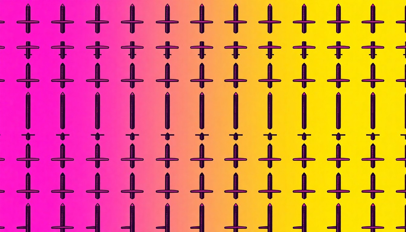 A bold, abstract silkscreen print featuring a repeated pattern of a single samurai sword in a grid, rendered in a vibrant neon color palette with heavy black outlines, conceptually representing the artistic and cultural importance of these iconic Japanese weapons.