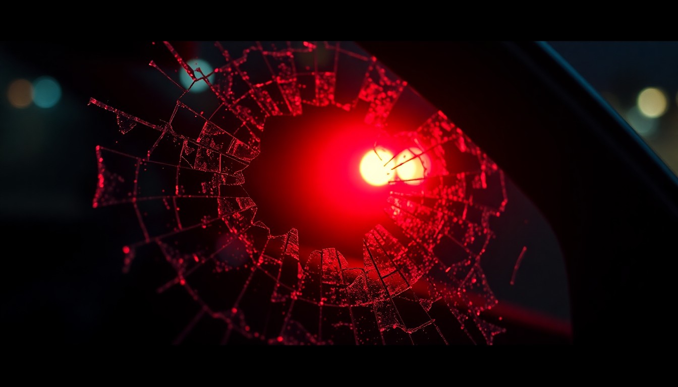 An extreme close-up photograph of a shattered car sensor lens reflecting a faint red light, conceptually representing the aftermath of a violent school attack.