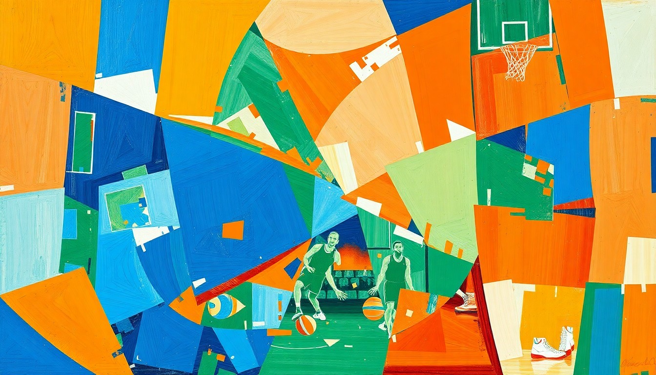 A fragmented, geometric painting depicting a basketball game from multiple angles, using bold colors and sharp, overlapping shapes to capture the sport's intensity and complexity.