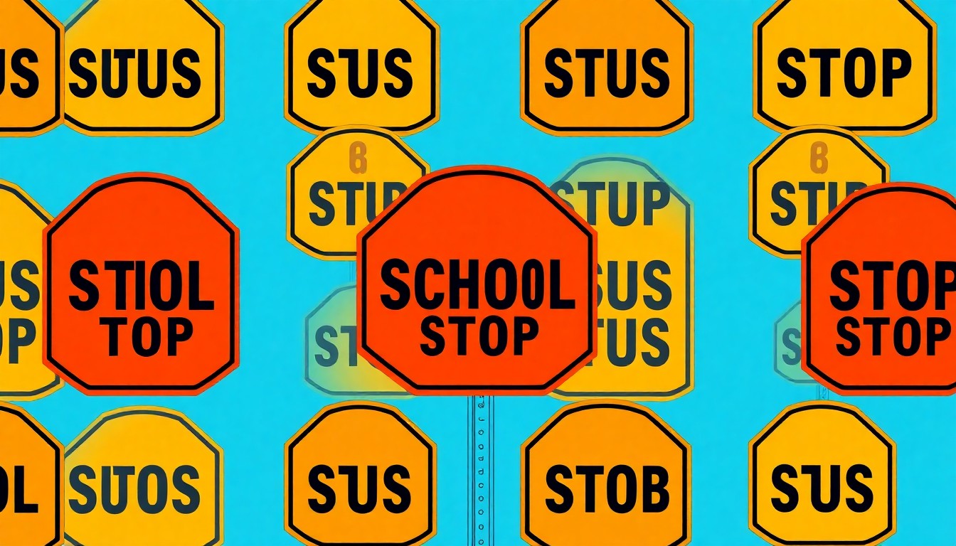 A bold, colorful silkscreen-style illustration featuring a repeating grid of stylized school bus stop signs in vibrant neon hues, conceptually representing the CCSD's new safety enforcement measures.