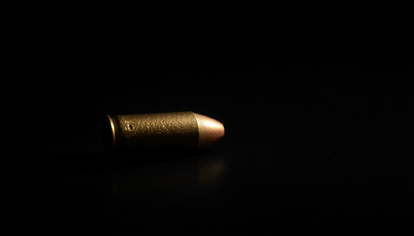 An extreme close-up photograph of a single spent bullet casing on a dark surface, lit by a harsh, direct camera flash, conceptually representing the aftermath of a violent incident involving self-defense.