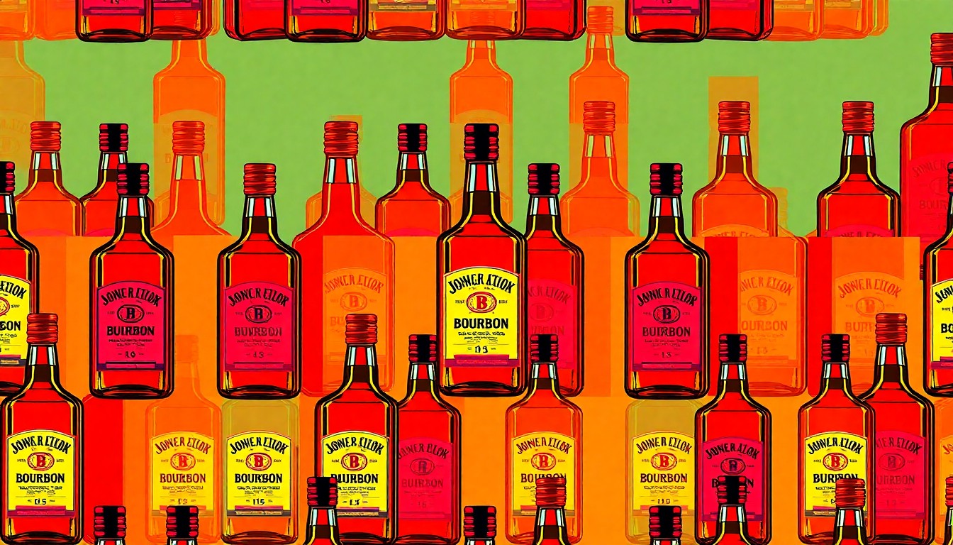 A visually striking, abstract grid of brightly colored, high-contrast silkscreen bourbon bottles, conceptually representing the diverse range of craft spirits on display at the Metro Detroit Bourbon Fest.