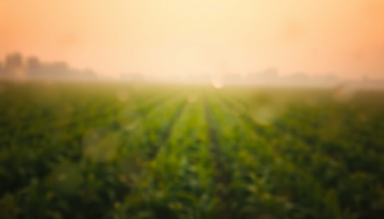 An abstract, impressionistic photograph depicting a hazy, out-of-focus scene of a lush green field with rows of crops, conveying a nostalgic, atmospheric mood about the region's agricultural past.