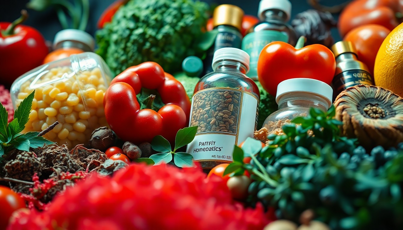 An extreme close-up of a variety of colorful, textured organic fruits, vegetables, herbs, and homeopathic products, conceptually representing the diverse array of products and community spirit of Rainbow Grocery's 50th anniversary celebration.