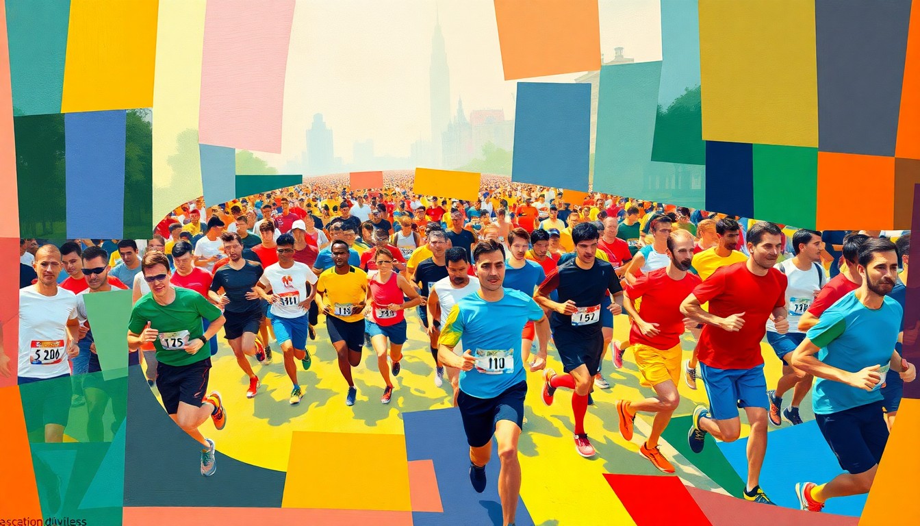 A cubist, geometric painting depicting a large group of runners in a 5K race, with the figures broken down into overlapping planes of bright primary colors.