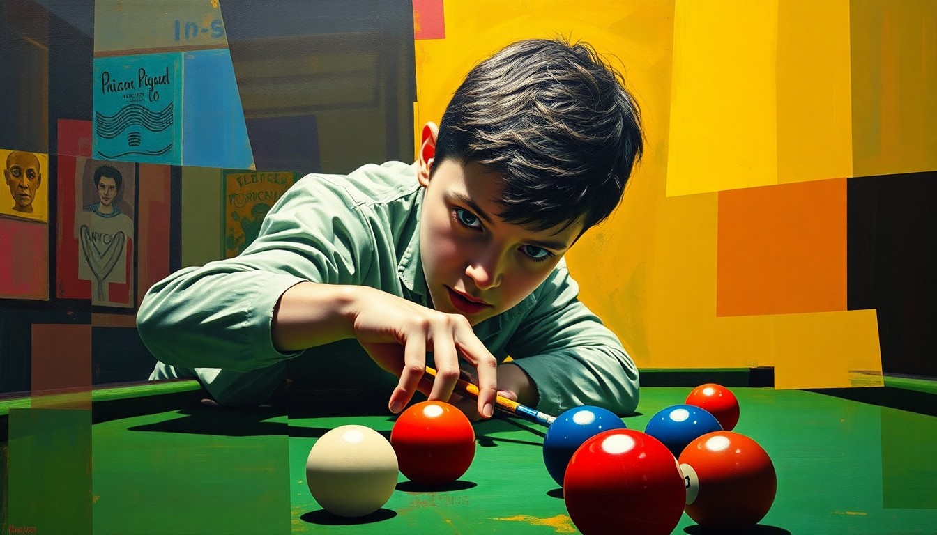 A cubist, geometric painting depicting the intense focus and rapid movements of a young snooker player, with vibrant colors representing the table felt, cue stick, and pool balls.