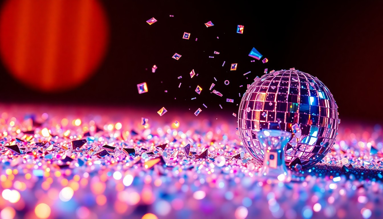 An extreme close-up of shimmering sequins and shattered glass reflecting dramatic studio lighting, conceptually representing the glitz and energy of a pop music performance.