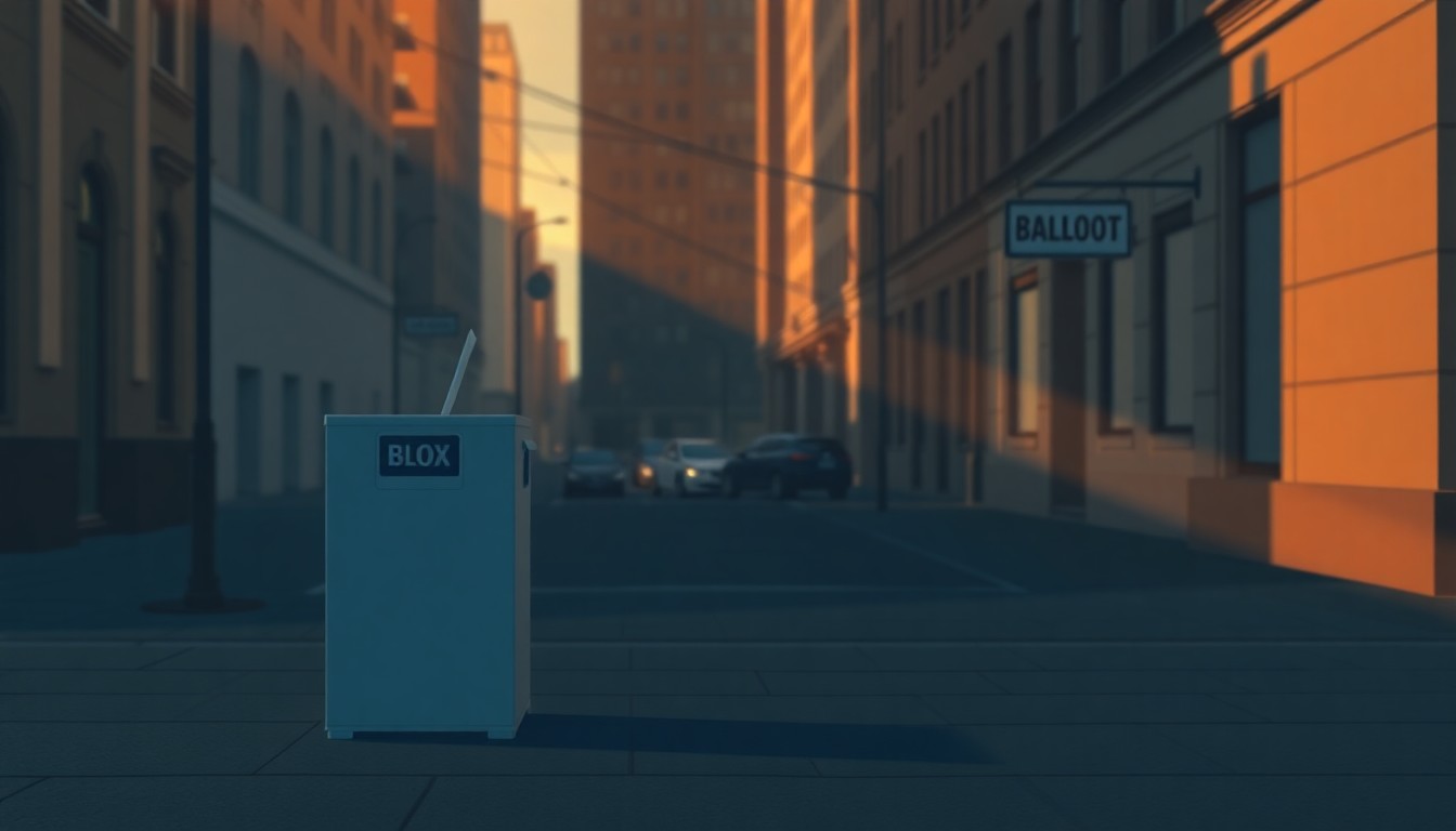 A photorealistic painting of an empty, solitary ballot drop box sitting on a quiet city street, with warm sunlight and deep shadows creating a sense of melancholy and isolation.