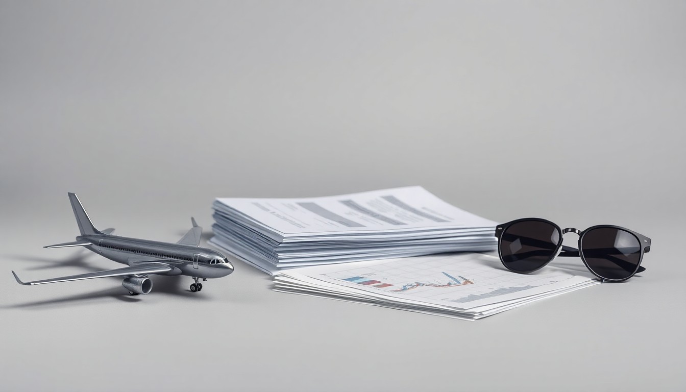 A photorealistic studio still life featuring a metal airplane model, financial reports, and aviator sunglasses arranged on a clean, monochromatic grey background, conveying the abstract corporate strategy and financial performance of the airline industry.