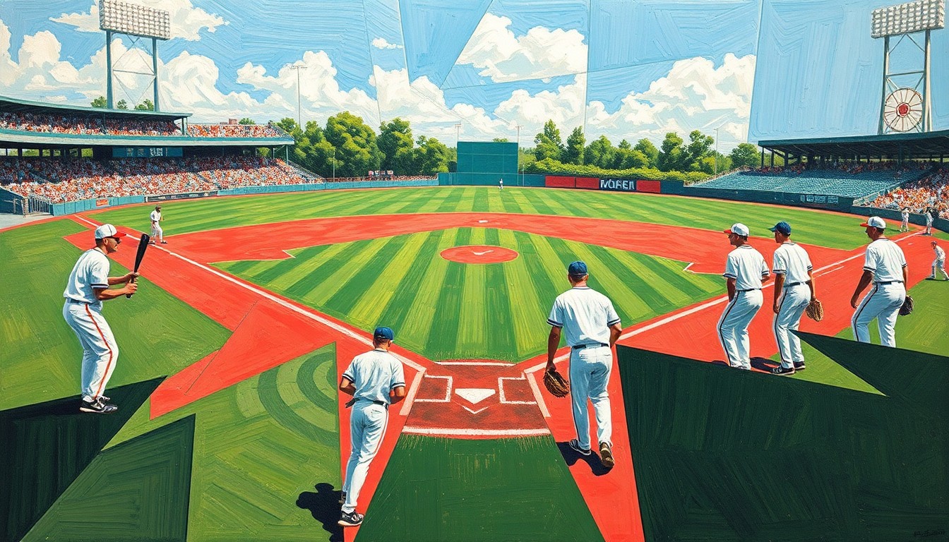 A fragmented, geometric painting depicting the various elements of a high school baseball game - the diamond, the players, the crowd - all broken down into sharp, overlapping planes of color and form.