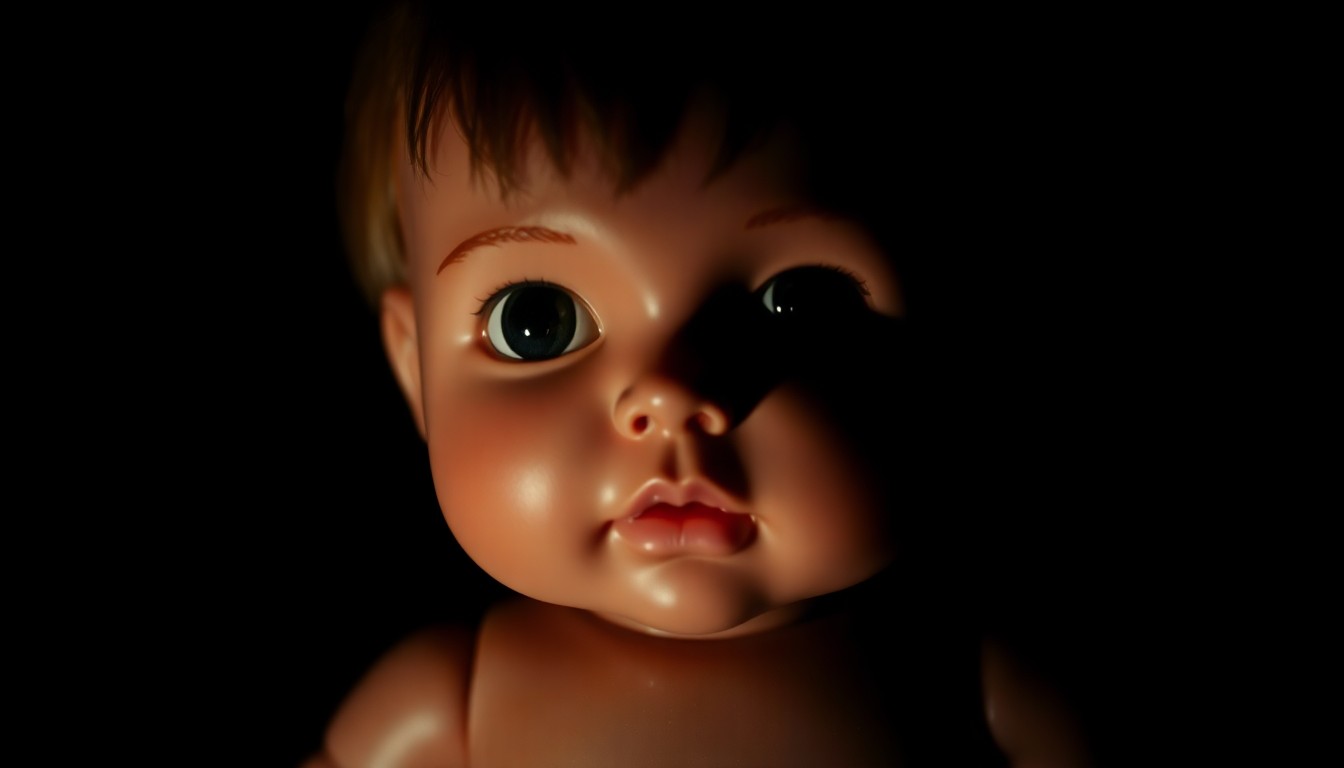 An extreme close-up photograph of a child sex doll, lit by a harsh, direct camera flash against a pitch-black background, creating a stark, gritty, investigative aesthetic.