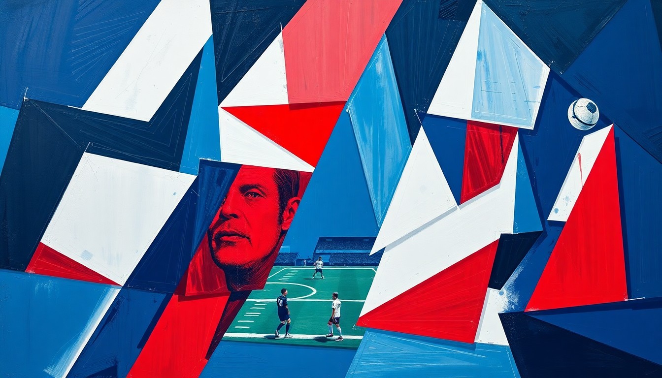 A cubist, fragmented painting depicting a football game or match, with sharp, overlapping geometric shapes in navy, red, and white, conveying the conceptual idea of an offensive line undergoing change.
