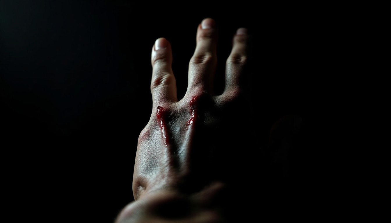 An extreme close-up of a severely injured hand with deep gashes, conceptually illustrating the aftermath of a violent machete attack during a road rage incident.