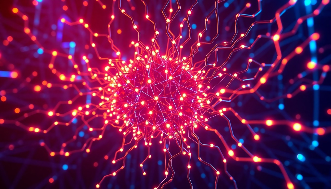 A highly detailed, glowing 3D illustration of a complex neural network or AI infrastructure, with neon cyan and magenta lights illuminating the intricate cybernetic hardware, conceptually representing the powerful and potentially dangerous capabilities of advanced artificial intelligence.