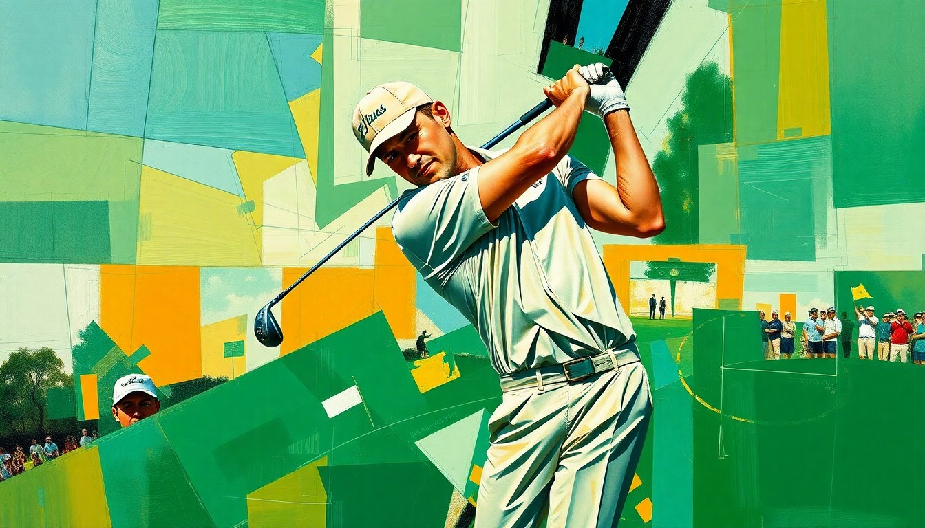 A fractured, multi-perspective painting depicting a golfer's swing and the Masters tournament action, broken down into sharp, overlapping geometric planes in a vibrant color palette of emerald green, sky blue, and warm ochre.