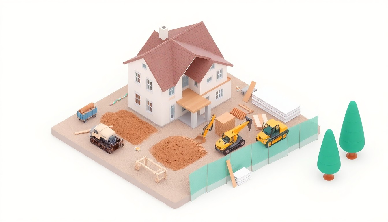 A miniature, stylized 3D illustration of a residential construction site with a partially built house, excavation equipment, and piles of building materials, capturing the energy and activity of a local contractor at work.