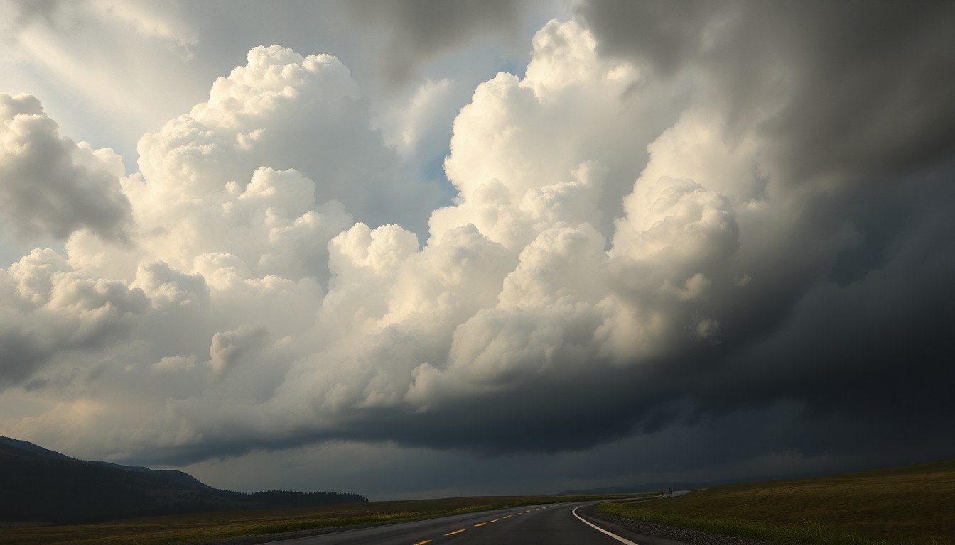 A sweeping, atmospheric landscape painting in muted tones of grey, blue, and green, with a winding road partially obscured by dramatic, swirling clouds, conveying the overwhelming power of nature and the challenges faced by Hawaii's transportation network.