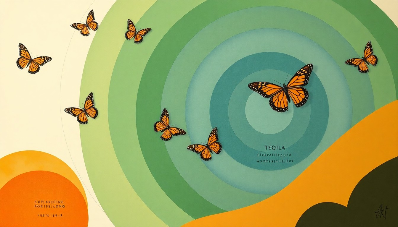A bold, abstract painting in earthy tones of green, blue, and ochre, featuring sweeping geometric arcs, concentric circles, and precise botanical spirals. The composition resembles a massive, wordless scientific or botanical diagram, conveying the complex interplay between monarch butterflies, agave plants, and sustainable tequila production.