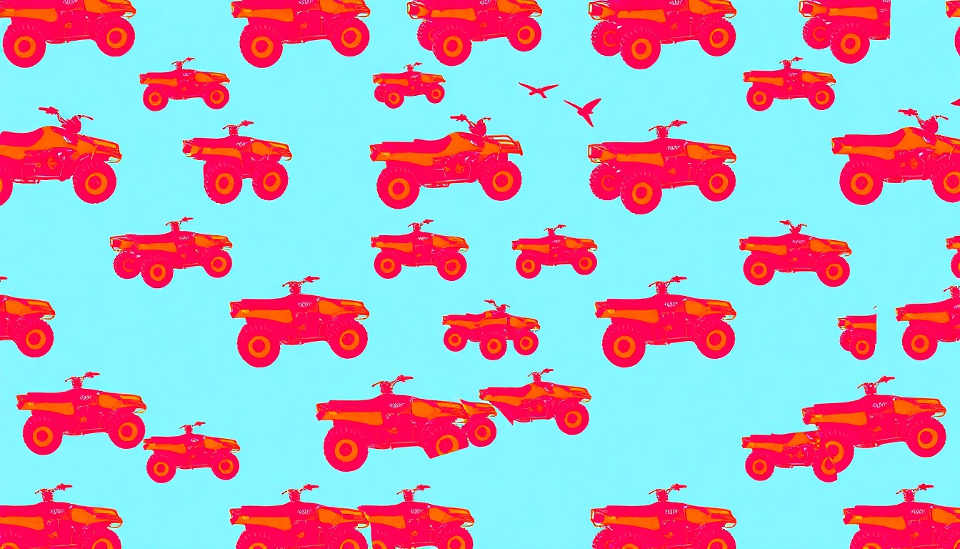 A vibrant, high-contrast silkscreen print featuring a used 3-wheeler or 4-wheeler vehicle repeated in a grid pattern, conceptually representing the practical transportation needs of a rural community.