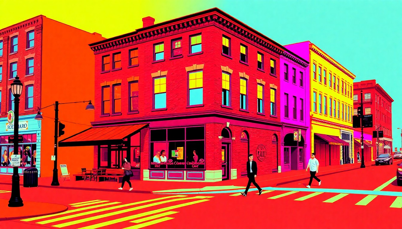 A brightly colored, high-contrast silkscreen print of a downtown street scene with a historic brick building, a cafe, and a pedestrian crossing, repeated in a tight grid pattern, conceptually representing the revitalization of Mocksville's downtown.