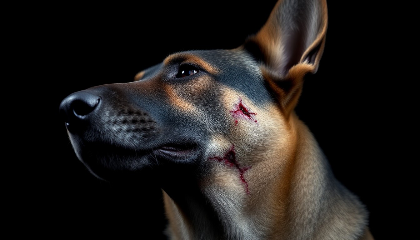 An extreme close-up of a police K-9's injured neck, with deep stab wounds visible against a stark, black background, conceptually illustrating the violence faced by these service animals.