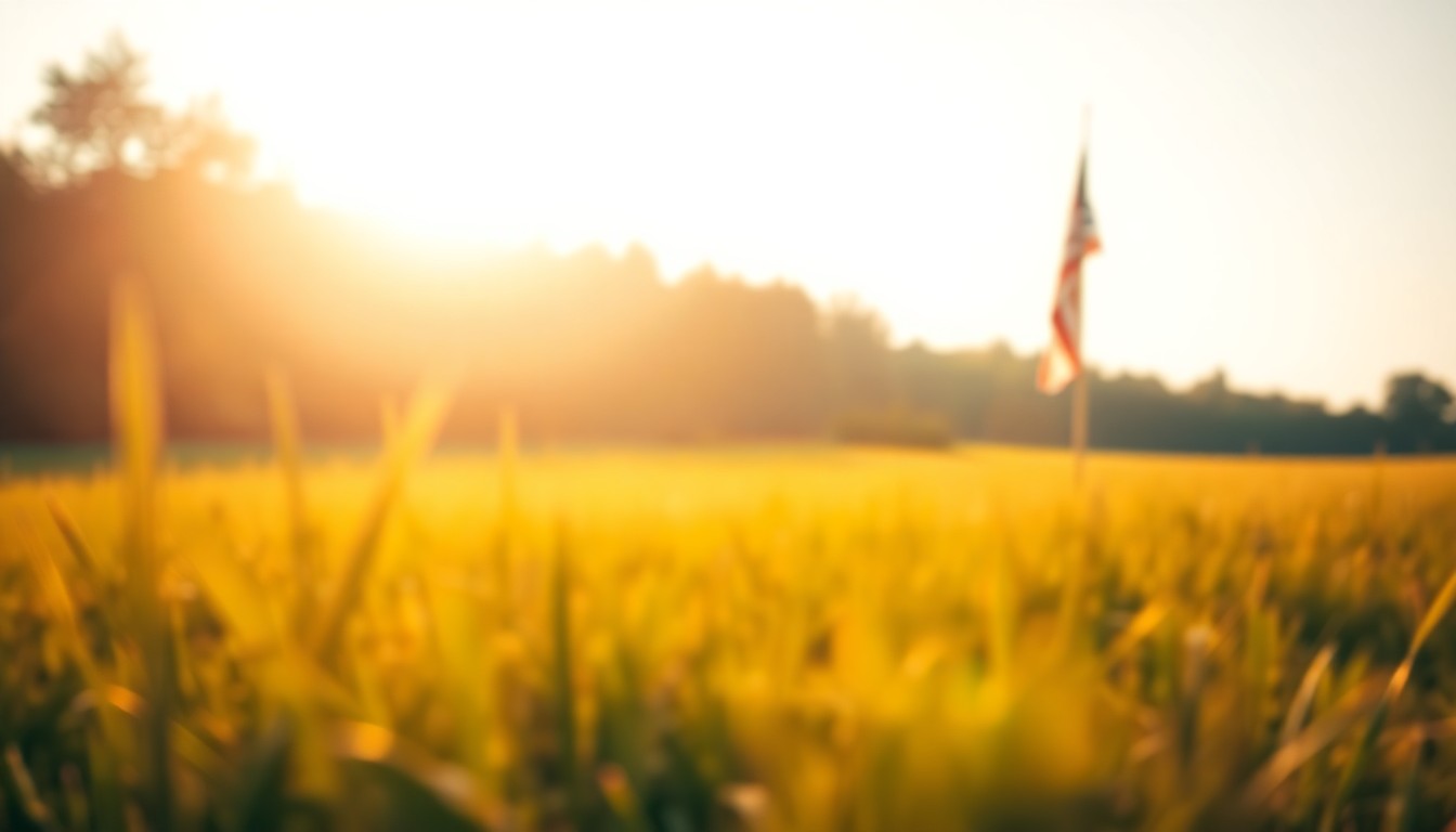 A softly blurred, atmospheric scene of a grassy field with a lone flagpole in the distance, conveying a sense of reverence and contemplation.