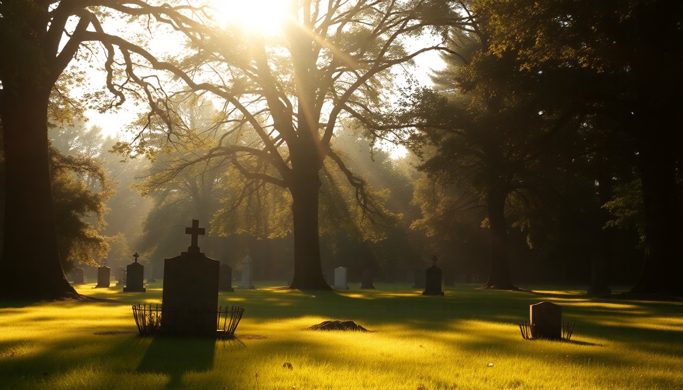 An impressionistic, blurred photograph of a peaceful cemetery landscape, with soft, warm light filtering through the trees and casting a serene, contemplative mood.