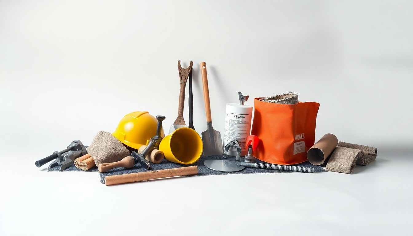 A high-end, photorealistic studio still life featuring a collection of polished construction materials and tools arranged elegantly on a clean, monochromatic background, conceptually representing the practical elements of a rural road repair project.