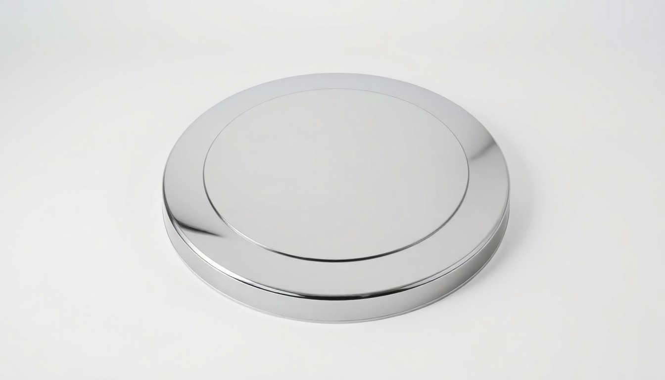 A close-up photograph of a shiny, chrome-plated septic tank lid resting on a plain white background, conveying a sense of quality and professionalism in the septic services industry.