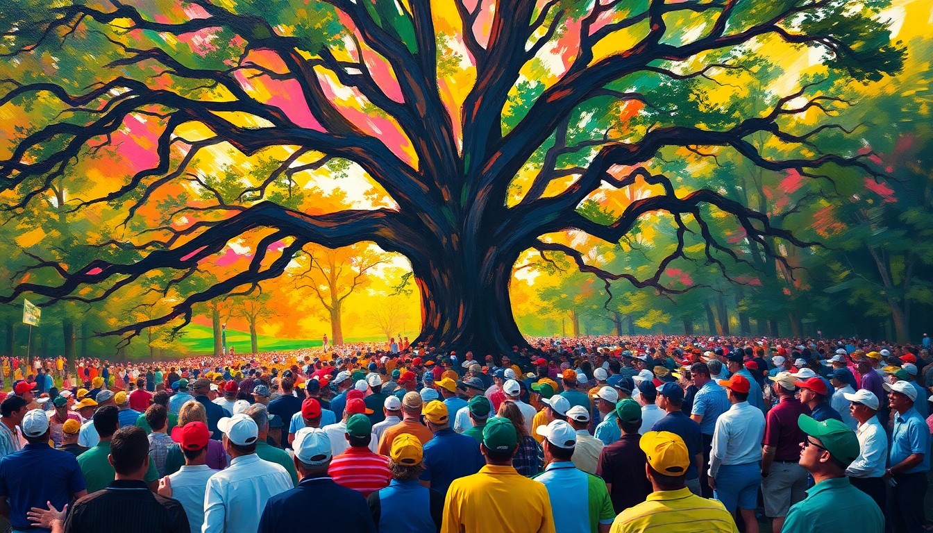 An abstract, expressionist painting using vibrant neon colors and rapid brushstrokes to capture the energy and movement of a crowd gathered under a large, sprawling oak tree, conceptually representing the iconic Big Oak Tree at Augusta National Golf Club during the Masters tournament.