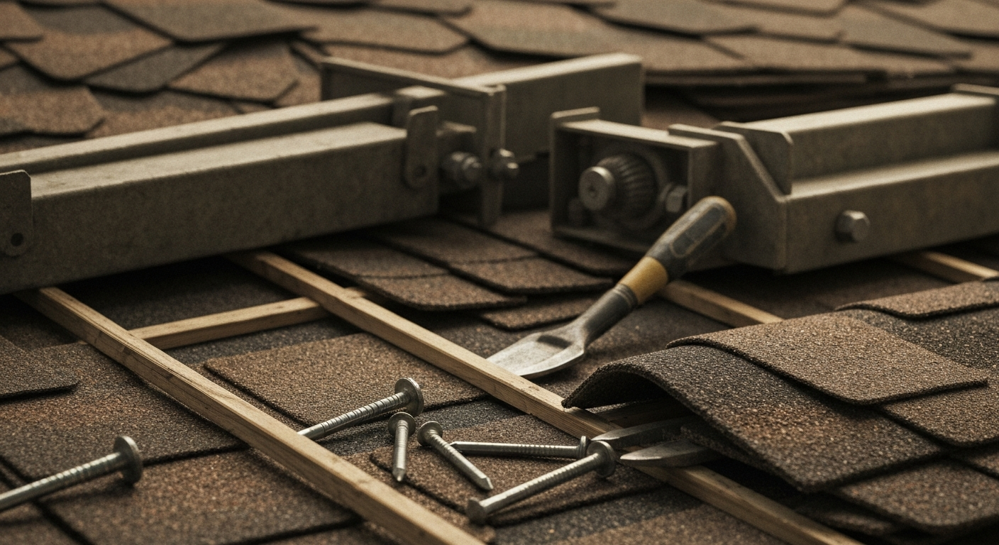 An extreme close-up of various roofing materials and tools, including shingles, nails, and a hammer, conveying the physical, industrial nature of roof repair work as a metaphor for home insurance savings.