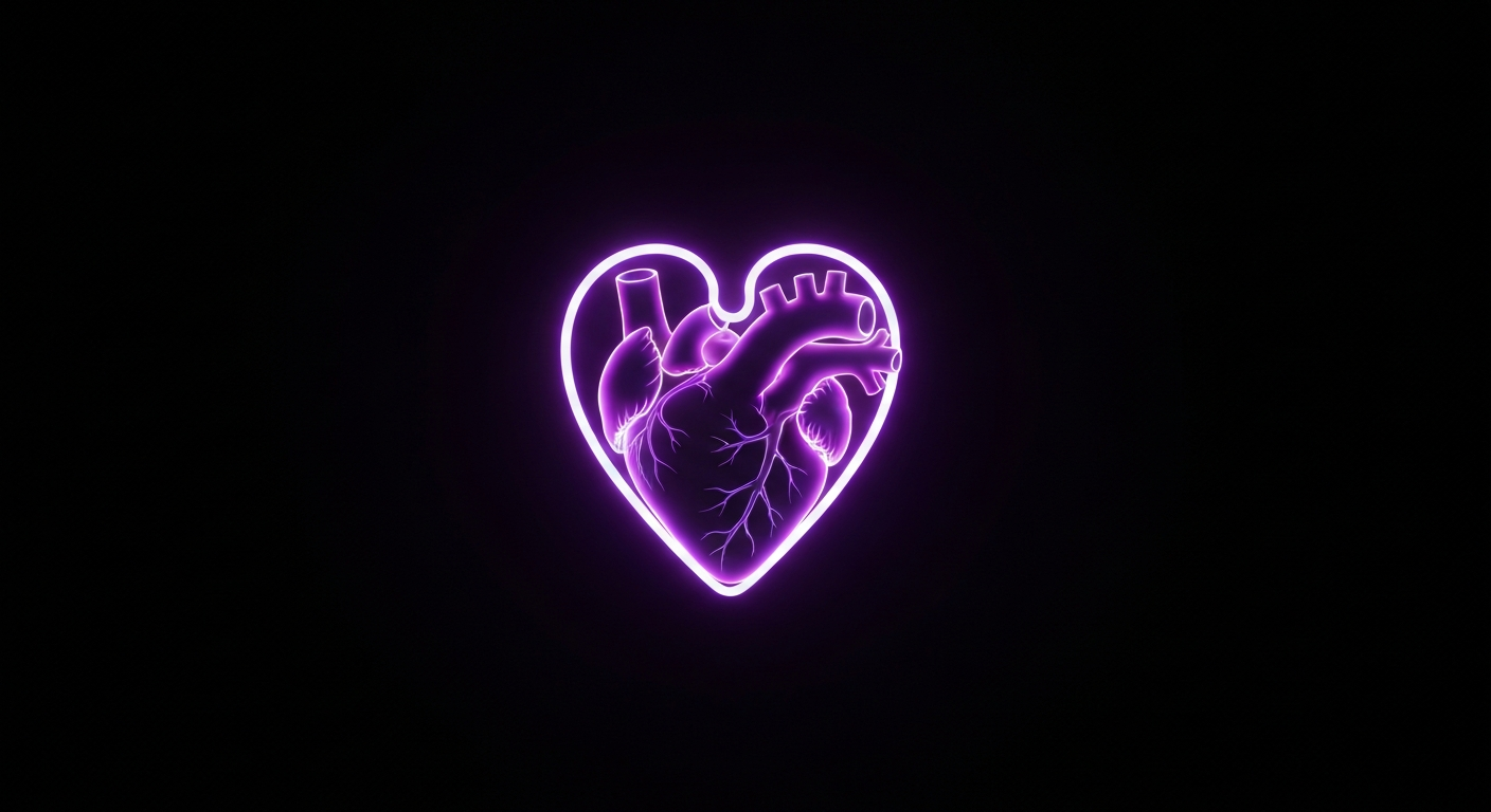A vibrant neon outline of a human heart, its chambers and valves defined by glowing lines against a shadowy backdrop, conceptually representing the merging of medical knowledge and musical expression.